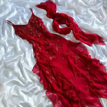 Spaghetti Straps Chiffon Ruffles Beading Red Prom Dress Party Evening Dress HZ1023